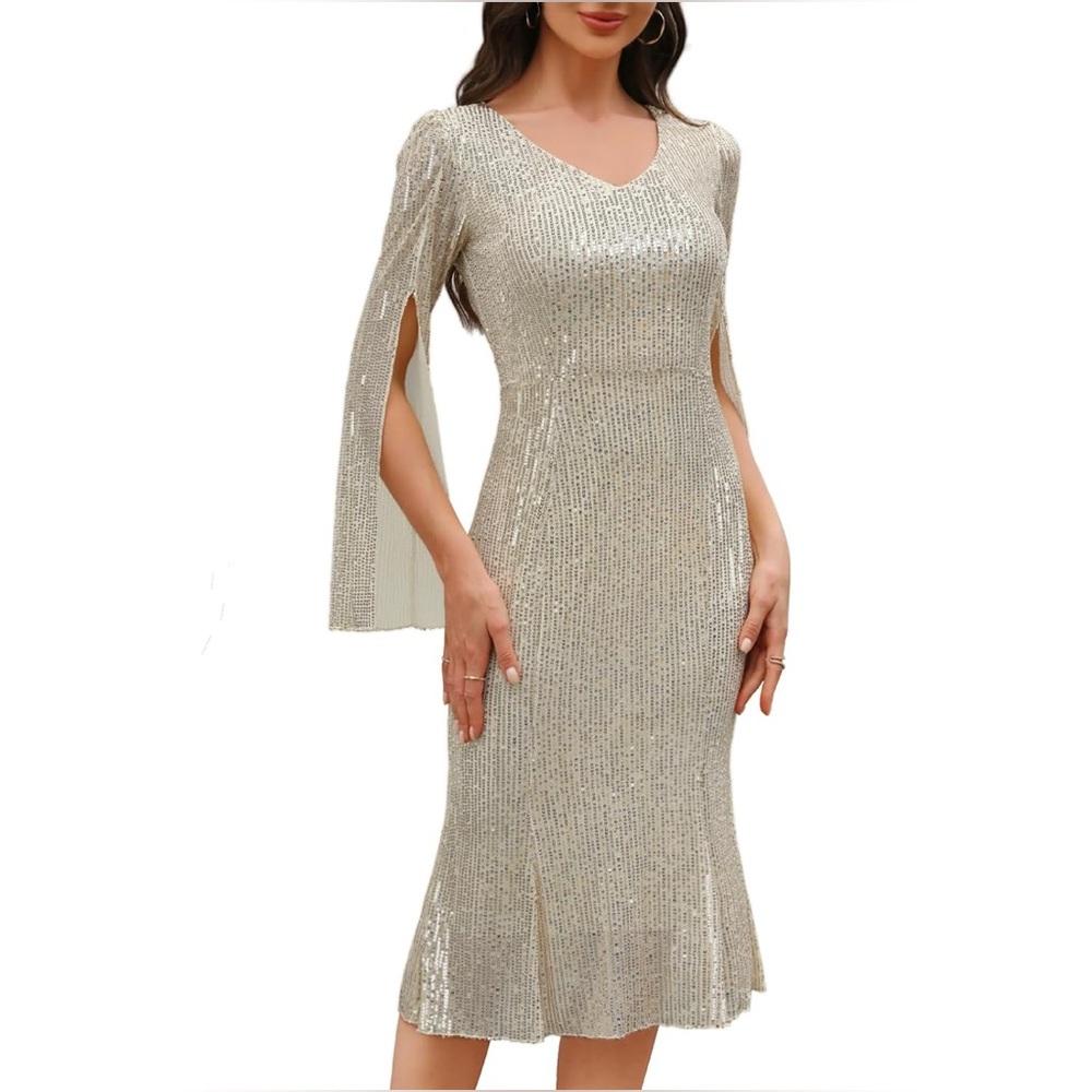 Sequin Cocktail Weddings Guest Evening Party Gowns Slim Midi Fishtail Dress